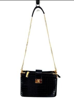 Dune London Black Croc-Embossed Crossbody with Gold Chain